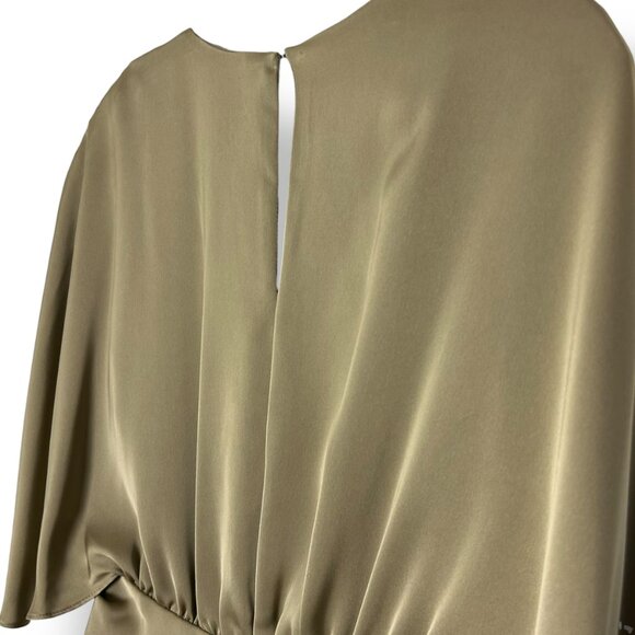 Ramy Brook Olive Satin Faux Wrap Short Dress Flutter Sleeves Tie V-Neck Sz 0 - Picture 3 of 6
